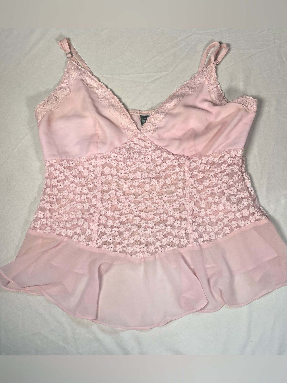 Womens Pink Lace Floral Chemise Camisole V-Neck Peplum Babydoll Y2K XL